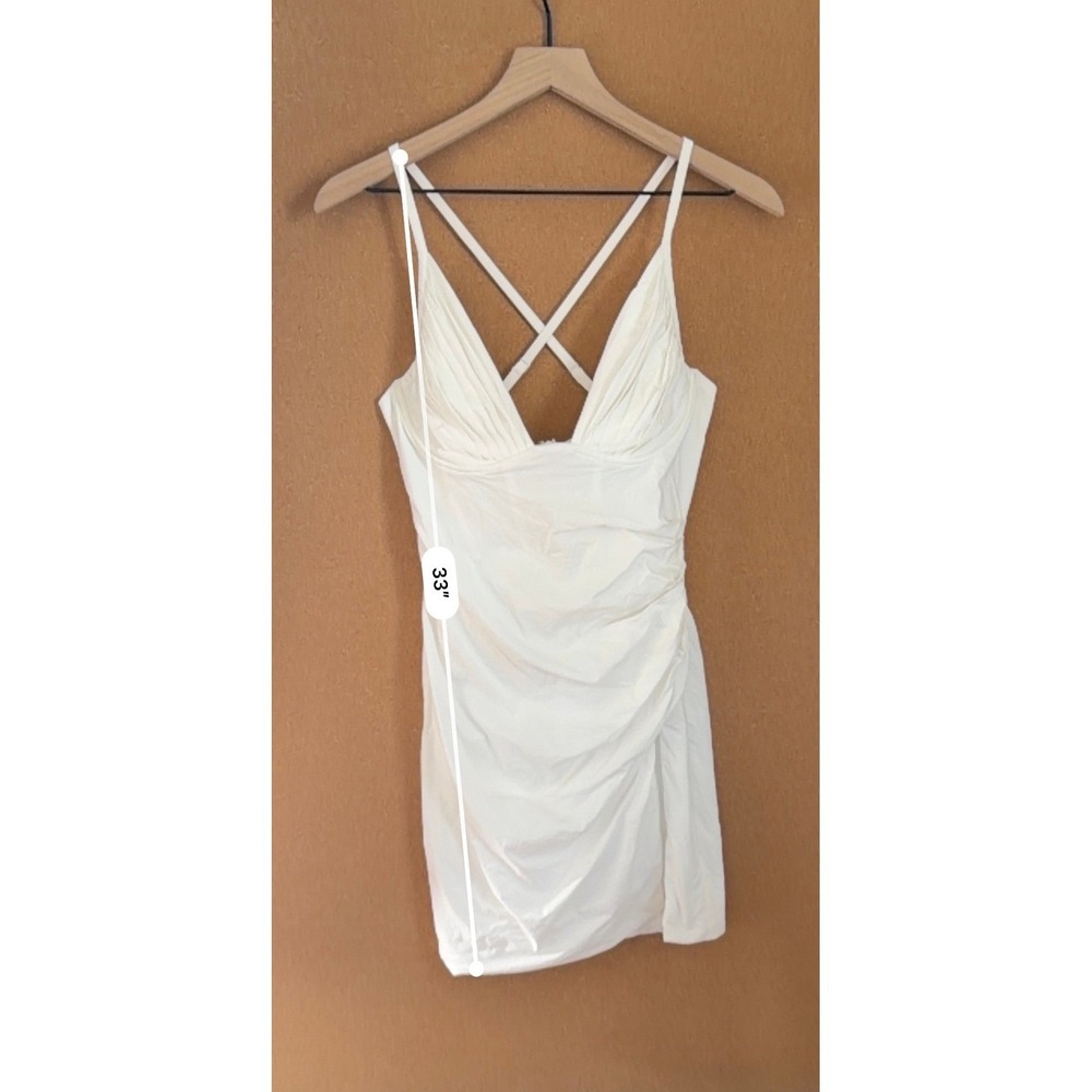 Babyboo Mini Dress Womens Size M White Ruched Side Slit V-Neck Cocktail Party - Picture 6 of 9